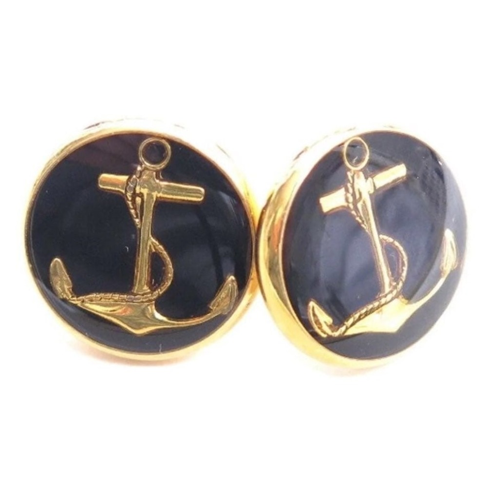 Black Enamel Gold Anchor Resin Stud‎ Earrings